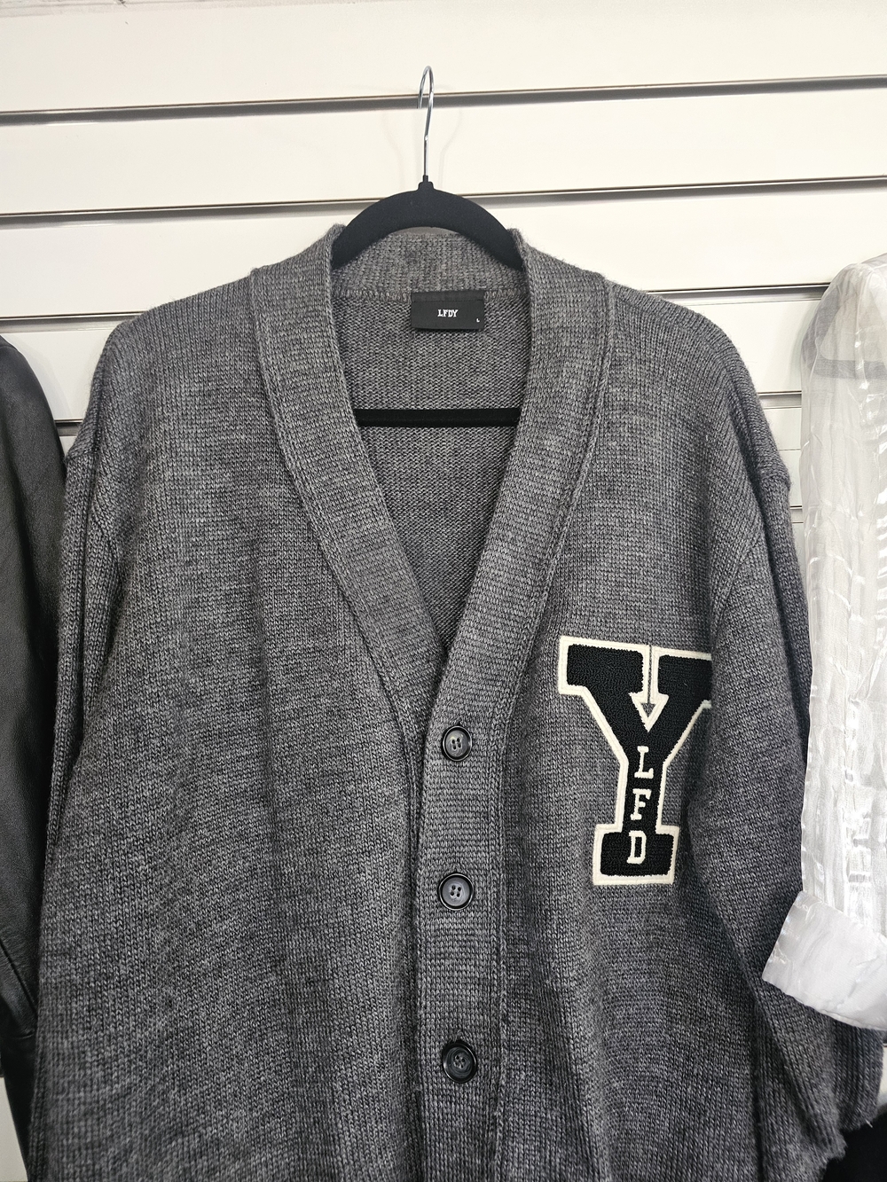 LYFD Men's Gray Button-Front Cardigan Sweater with Patch